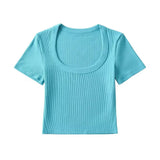 Zingj Trendy Women's Sexy Large U-Collar Short Navel Blouse Tight Solid Color Pullover Short-Sleeved