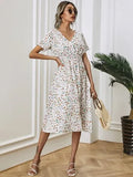 Queens Women Floral Print Short Sleeve Beach Sexy Bohemian Midi Dress Ladies V-neck Boho Sundress