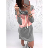 2020 Spring Autumn Casual Loose Turtleneck Color Matching Patchwork Women's Long Sleeve Dress New Gray Pink Ladies