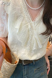 Neck Elegant Lace Blouse Women Korean Fashion Puff Short Sleeve Tops Mujer Summer Hollow Ruffle Stitching Shirts Party