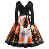 Midi Women Halloween Dress Autumn Winter Vintage Printed V-Neck Long Sleeve Swing Party Festival Sundress S~3XL