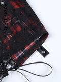Sexy Black Plaid Lace Blouse Gothic Emo Tops Patchwork Shirt Femme Blusas PU Leather Women Blouse Slash Neck Vintage
