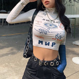 Women Long Sleeve Turtleneck Letters Print Slim Sexy Skinny T-Shirt Fashion Spring New Streetwear Basic Hip Hop Top