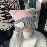 Aesthetic Streetwear Casual Hats Harajuku Patchwork Star Knit Hat Women 7 Colors Autumn Winter All Match Cute Cat Ears