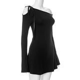 Long Sleeve One Shoulder Ribbon Tie-Up Mini Dress-Outfit