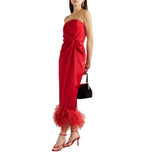 Fashion Elegant Strapless Back Split Feather Patchwork Wedding Party Long Dress Woman Summer Solid Satin Tunics Prom