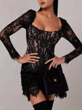 Long-Sleeved Sexy Lace Fish Bone Girded Waist Dress Autumn And Winter New Short