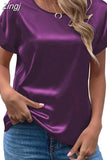 Lady Short Sleeve Satin Blouse Loose Casual Round Neck Solid Shirts Fashion 2023 Summer Elegant Tops Women Clothing