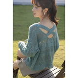 Fashion Sweater Women 2022 Autumn Korean Fashion Loose Solid Vneck Pullover Hollow Out Casual Knitted Tops