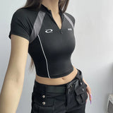 Hot Wind Hit Color Thick Line Embroidery Half-High Collar Short Locomotive Personality Zipper Slim T-Shirt Summer