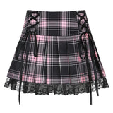 Up Goth Y2K Woman Skirts Pink Stripe Plaid Lace Trim Pleated School Skirt Punk Dark Academia Aesthetic E Girl