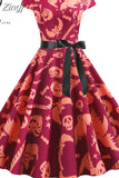 Women Short Sleeve Print Vintage Halloween Party Midi 50s 60s Casual Elegant Summer Floral Dresses Robe Femme
