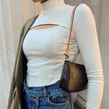 Women Long Sleeve Round Neck T-Shirt Skinny Tops Chest Cut Out Sexy Black Crop Top Autumn Tee Shirt Cropped