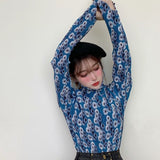 Women T-shirt Fashion Daisy Print Turtleneck Mesh Tops Autumn Long Sleeve Shirts Party Ladies Korean Style Tops