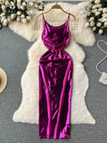 Sexy Bodycon Satin Camis Dress Backless High Waist Fashion Hollow Out Shiny Summer 2023 Women Party Long