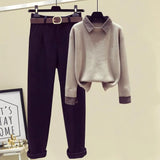 Zingj Suit Female Autumn Winter New Retro Niche Long Sleeve Fake Two Sweaters High Waist Warren Small Feet Woolen Pants-Outfit
