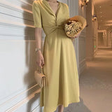 2022 Summer Women Satin Dress Short Sleeve Vintage Elegant Lady Office Red Blue Yellow Sexy Silk Party Midi