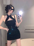 Black Bodycon Mini Denim Dress Women Hollow Out Halter Sleeveless Short Dresses Skinny Summer Sexy Slim Vestidos
