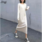 Sleeve Dress Women Knitted Autumn Solid Loose Elegant O-neck Korean Style All-match Chic Fashion Vestido Femme Mid Calf