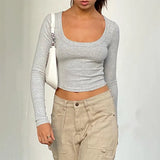 O Neck Gray Women Crop Top Long Sleeve Basic 2022 Casual T Shirts Sexy Autumn Ribber Knitted Tee Skinny Streetwear