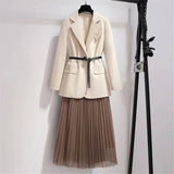 Spring Fashion Office Ladies 2pcs Suit Women Sashes V Neck Blazer Jacket Coat+Mesh Pleated Long Skirt Korean Two Pieces