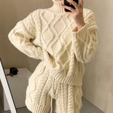 Winter Ladies 2 Pieces Knitted Set Long Sleeve Tutleneck & Drawstring Shorts Casual Women Sweater