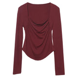 French Style Long-Sleeved T-Shirt Girl Autumn And Winter Collar Folded Folded Body Inside The Bottom Shirt Top