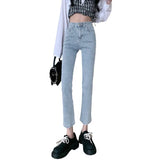 Zingj Pants Female 2024 New Fall 9 Points High-Waisted Pants Fall Small Black Elastic Straight Leg Jeans-Outfit