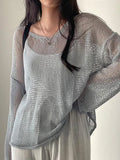 Oversized Long Sleeve Crochet Knit Top-Outfit