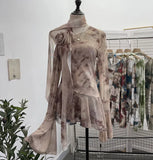 Spice Girls Inclined Shoulder Horn Long-Sleeved T-Shirt Around The Neck With Flowers Lotus Leaf-Lace Mesh Yarn Women