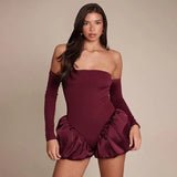 Summer Sexy Shoulder-To-Shoulder-Back Tective Dress Stylish Solid-Colored Strap-Nrinking Folding