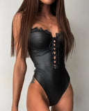 Sexy Women Black PU Leather Plunge Sleeveless Skinny Bodysuit Ladies Backless Short Jumpsuits Bodysuit Tops Club