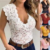 Women Slim Tunic Lace V Neck T-shirt 2022 Sexy Elegant Summer Short Sleeve T Shirt Lace Flower Tops