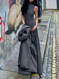 High Collar Backless Maxi Dress Women Sleeveless Slim Fit Pleated Robes 2024 Spring Fashion Female Party Evening