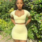 Summer Skirt Suit Women Solid Color Short Sleeve Shirt Square Neck Crop Top Mini Skirt Tracksuit Casual 2 Piece Set