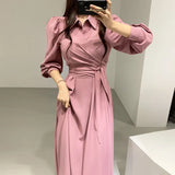 Summer 2021 New Women Dress Long Sleeve Turn Down Collar Shirt Lace Up Ladies Casual Dresses