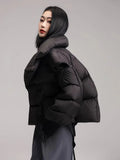 Niche Knit Splicing Large Lapel Down Jacket Female 2024 Winter Fashion High Luxury Large Magnetic Suction Button Thermal Coat-Outfit