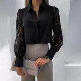 Casual Lace Patchwork Shirt Top For Women Spring Long Sleeve White Shirts Woman Elegant Hollow Out Button Blouses