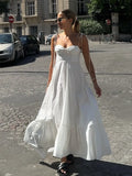 White Ruffles Hem Lace Up Sling Long Dress Women Fashion Sleeveless Backless A-line Loose Robe Summer Lady Flowy