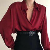 Fashion Autumn Women Blouse Shirt Lapel Long Sleeve Solid Black Red Ladies Blouse For Women Female Top