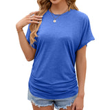 Zingj / Summer 2024 New Round Collar Pleated Solid Color Short-Sleeved Loose T-Shirt Top-Outfit