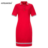 Women Polo Dress Sport Loose Short Sleeves Turn Down Collar Graphic Stretchy Casual Summer Patchwork Red Blue Vestidos