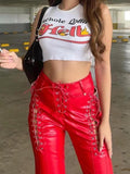 Cut-out Lace Up Pu Leather Pants-Outfit