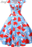Print Vintage Christmas Dress Women Winter Big Swing Elegant Short Sleeve V Neck Sexy New Year Party