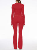 Long Sleeve Cropped Top Fold-over Flare Pants Set-Outfit
