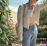 Women Korean Fashion Tops Flower Print Knitted Cardigan Suit Sweet Embroidery Vintage Sweater Beach Long Sleeve