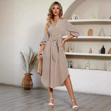 Autumn And Winter New Women's Casual V-Neck Stripe Strap Closed Waist Shirt