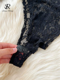 Fashion Lace Sheer Two Pieces Sets Women Lapel Long Sleeves Slim Bodysuits+Elastic Long Pants Ladies Sexy
