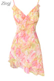 Zingj Women Sexy Backless V-Neck Floral Print Suspender Dress Fashion French Elegant Holiday Party Club Sweet Mini Dress 2023 Summer 211-0-Outfit