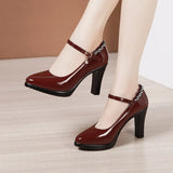 Leather Catwalk High Heel Women's Pointed High Heel Thick-Soled Waterproof Platform Professional Black Work Shoes Large-Size Single